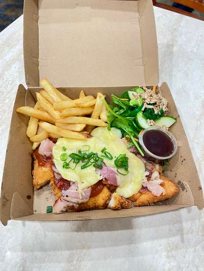 Chicken Parmigiana with salad & chips
